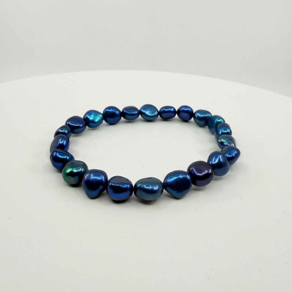 Vintage Blue Peacock Baroque Pearl Stretch Bracelet - Iridescent Boho Charm